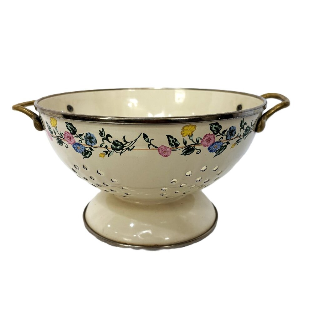 Vintage Enamel Wear Colander Strainer Cream Floral w/ brass handles
